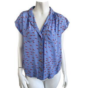 Anthropologie Conversations 51 of 52 Fish Print Shirt Blouse XS Blue Rayon Flowy
